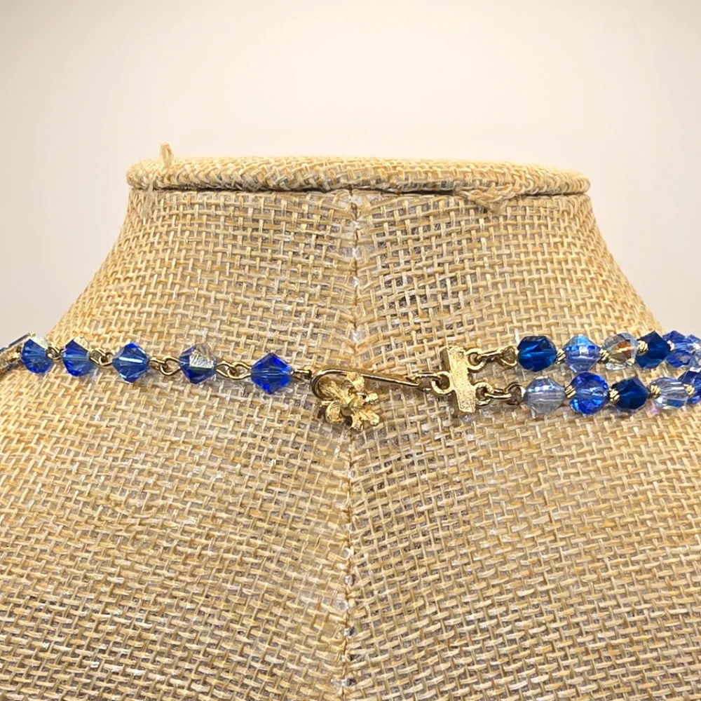 Vendome Blue Green Aurora Borealis Crystal Glass 2 Strand Bead Vintage Necklace